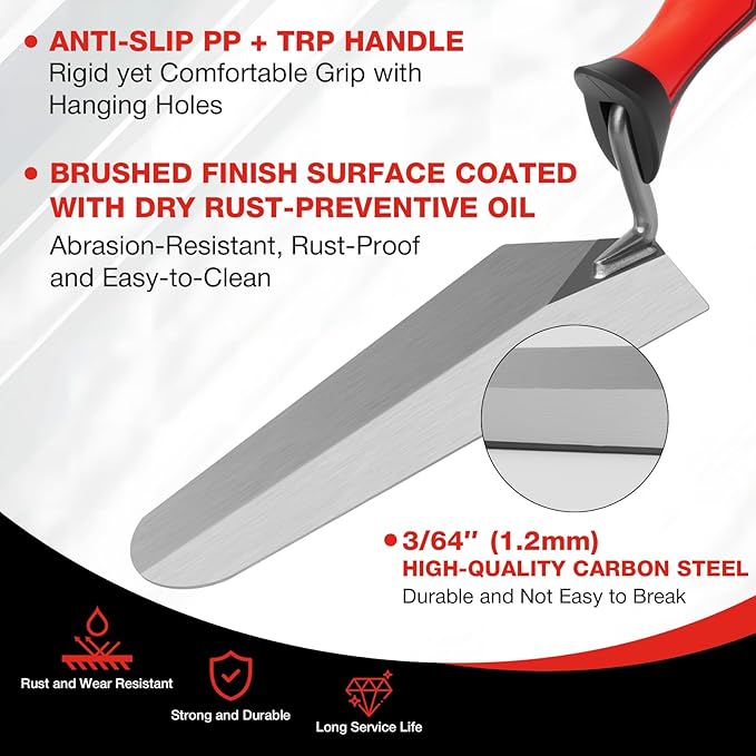 SHALL 3-Piece Masonry Tools Set, 6’’ Margin Trowel, 5.5’’ Pointing and 7’’ Gauging Trowel with Soft Grip Handle, Bricklaying Hand Tool for Concrete, Cement, Plaster, Tile Construction Projects