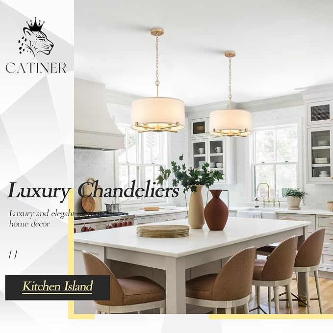 Modern Drum Chandelier 18” White and Gold Pendant Light Fixture Round Fabric Shade 4 Lights Semi Flush Mount Hanging Ceiling Chandelier for Dining Room Bedroom