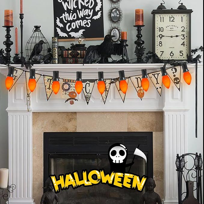 Abeja 25 Pack C7 Halloween Replacement Light Bulbs, Orange Ceramic Christmas Lights C7/E12 Candelabra Bulb for Indoor Outdoor Christmas Halloween String Light Bulbs Replacement, 5W