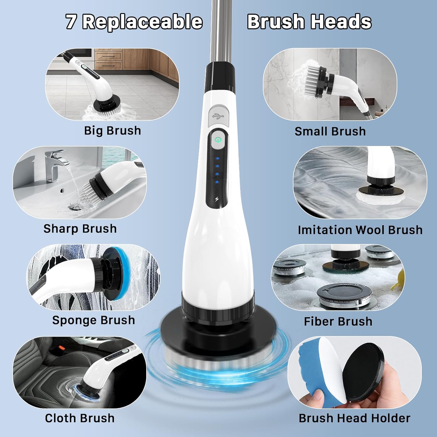 Electric Spin Scrubber, Cordless Cleaning Brush, Shower Scrubber with 7 Replaceable Brush, 2 Speeds and Adjustable Extension Handle for Bathroom Shower Bathtub Glass Car(White)