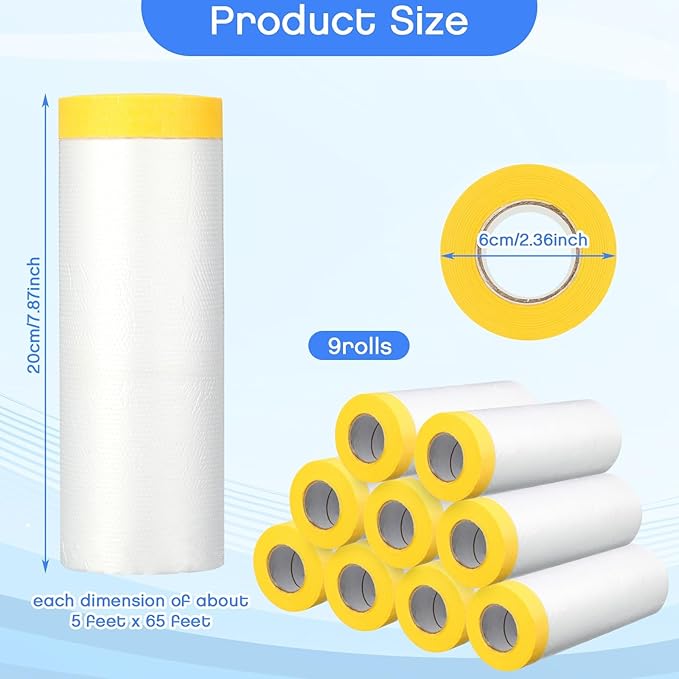 Seajan 9 Roll Painters Plastic with Tape Pre Taped Masking Film for Painting Automotive Paint Adhesive Protective Film Masking Tape Roll Plastic Painting Covering (White,5 x 65 Ft)