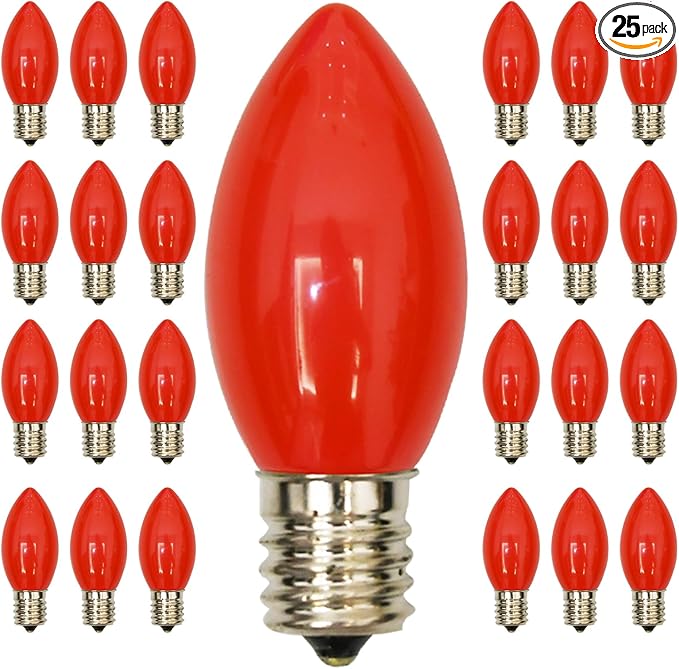 25 Pack C9 Ceramics Red Christmas Light Bulb for Indoor/Outdoor Patio, Halloween Party String Lights, 7 Watt Red Night Light, C9/E17 Intermediate Base