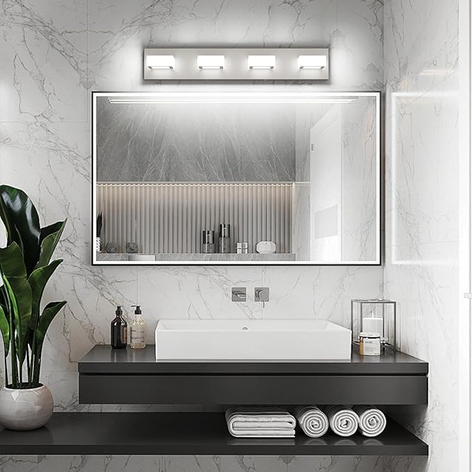 Ralbay 4-Light Brushed Nickel Vanity Light for Bathroom Metal Acrylic Modern LED Bathroom Light Fixtures