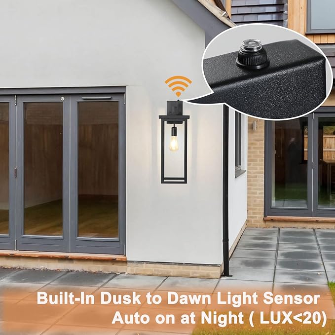 tewei Dusk to Dawn Large Outdoor Wall Lights, 20 Inch Outdoor Sconce Lights Black Exterior Lighting Fixtures, Large Porch Light with Clear Shade Sensor Modern House Lights for Garage, 1 Pack