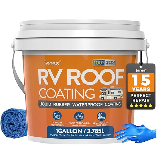 1 Gallon RV Roof Coating White with Brush, Towel, Solar Reflective Sealant for Easy Insulation & Leak Repair, Liquid Flexible Rubber Camper RV Roof Sealant for Metal Building, Trailer, Motorhome