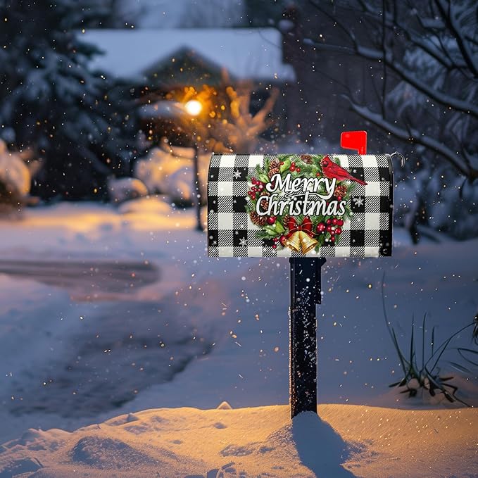 Merry Christmas Mailbox Covers Magnetic Large Size Winter Buffalo Plaid Mailbox Post Cover Oversized Xmas Snowflake Mailbox Wraps Holiday Mailbox Decor Waterproof 25.5 X 21 Inch