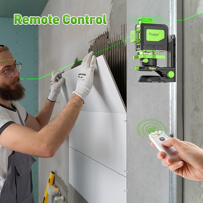 Huepar Laser Level 360 Self Leveling, 16 Lines High Accuracy ±1/9" Green Laser Level with Remote Control, 4x360 Cross Line Tiling Floor Laser Tool, 4D for Construction 904DG