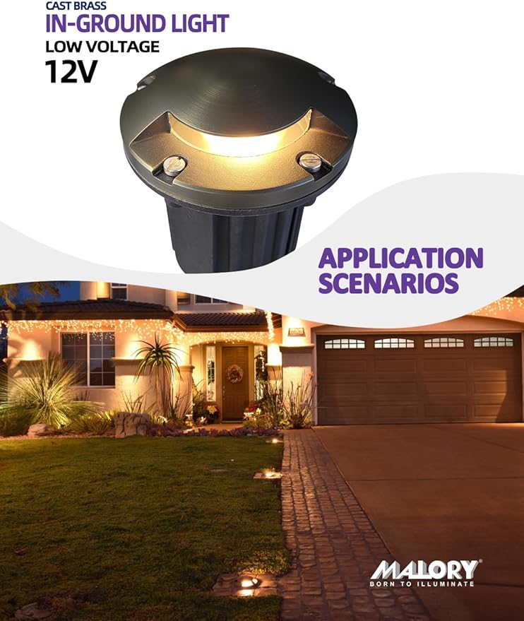 MALORY Brass Top Cover Landscape Well Lights,(5‘’H) 12V Low Voltage Outdoor In Ground Lights,Landscape Lighting for Pathway, Driveway and Garden (One-Direction Turret, 4-Pack with Bulb)