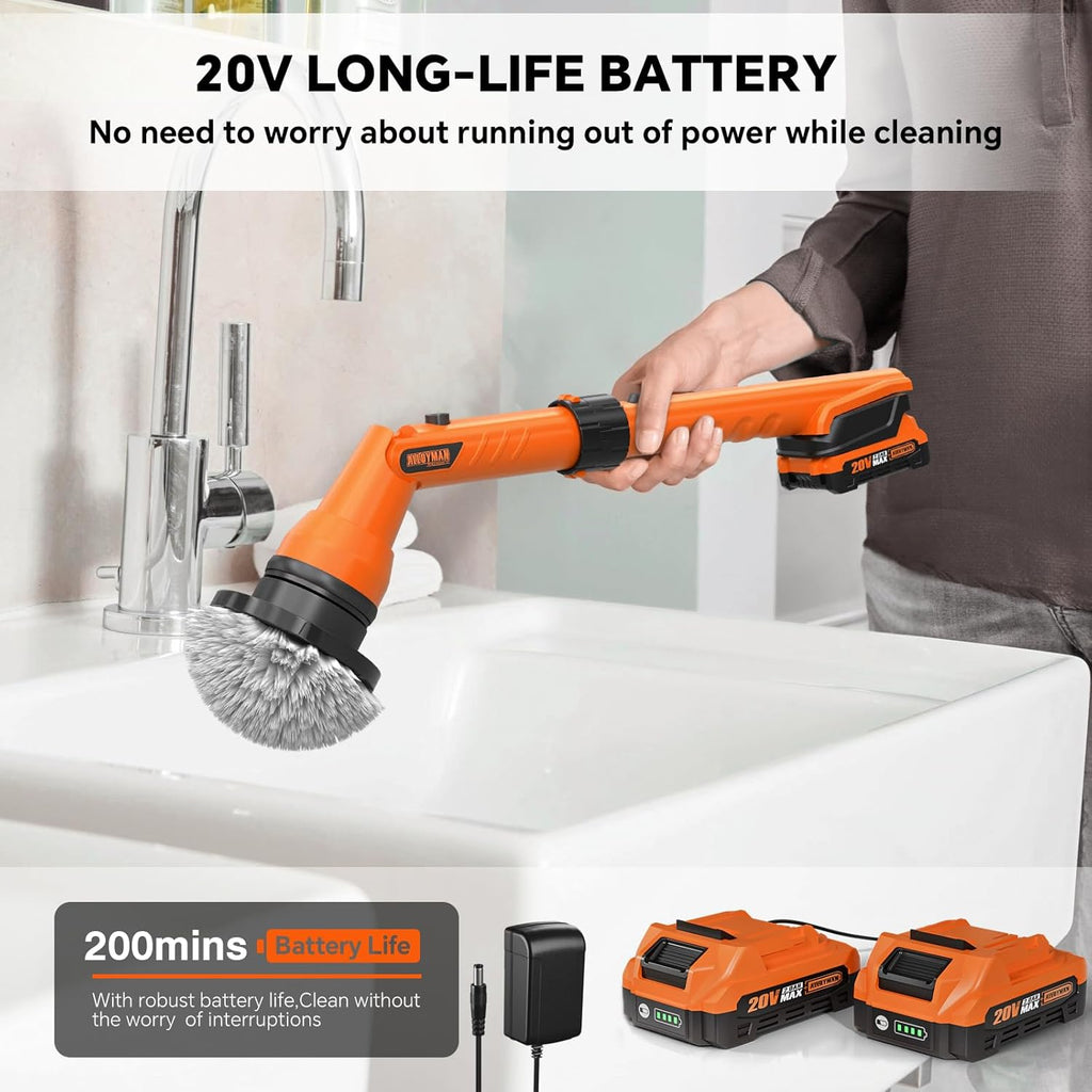 2 Battery Electric Spin Scrubber, 1000RPM Cordless Cleaning Brush Waterproof with 20V Power Supplied, Adjustable Extension Handle, 4 Replaceable Cleaning Heads, Hook, Gloves - for Tub/Tile/Wall/Floor