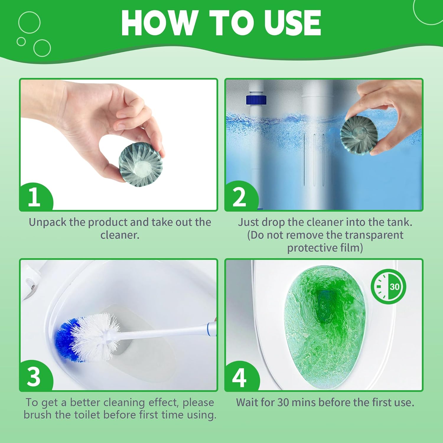 Toilet Bowl Cleaner Tablets, Automatic Toilet Bowl Cleaners, Long-Lasting Toilet Tabs Drop in Tank for Deodorizing & Descaling, Green, 6 Packs