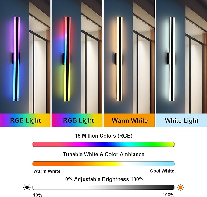 TODOLUZ 2-Pack 48-Inch Outdoor Long Linear RGB Wall Light Fixture, IP65 Waterproof 30W LED Wall Mounted Lamp with Remote Control for Outdoor/Indoor Party Gathering