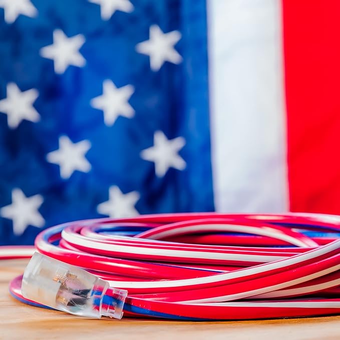 Southwire Heavy Duty Extension Cord, 50Ft, 12 Gauge, 3 Conductor, Outdoor Cord, Lighted End, SJTW, Red/White/Blue, 2548SWUSA1