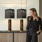 Oneach 27.75" Modern Table Lamps Set of 2, Gold Bedside Lamp with Leopard Glass Nightlight, USB A+C, Black Crystal Shade, Unique Desk Lamps for Living Room, Bedroom, Nightstand (2 Bulbs Included)