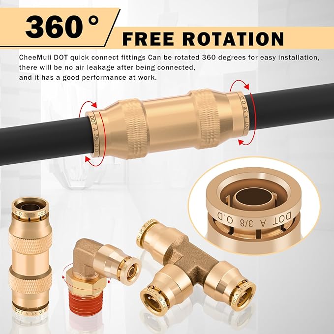 CheeMuii 124 PCS Brass DOT Air Line Fittings with 4 Roll 100FT 1/8" 1/4" 3/8" 1/2" DOT Air Lines Kit Push Lock Air Fitting Quick Connect Air Fittings with Air Hose Pneumatic Tubing