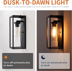 mirrea 14" Dusk to Dawn Outdoor Wall Sconce 1 Light in Cylinder Glass Shade and Matte Black Rectangular Metal Frame Waterproof Porch Light Patio Light Pack of 2