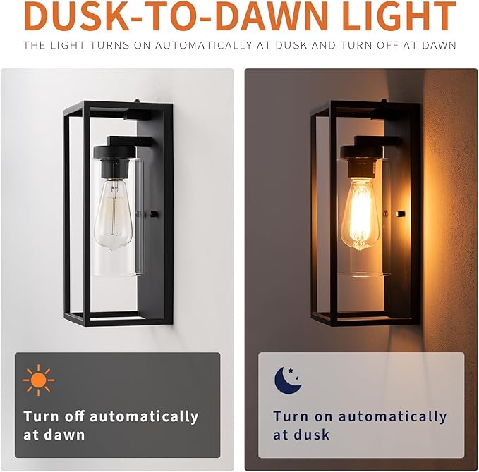 mirrea 14" Dusk to Dawn Outdoor Wall Sconce 1 Light in Cylinder Glass Shade and Matte Black Rectangular Metal Frame Waterproof Porch Light Patio Light Pack of 2