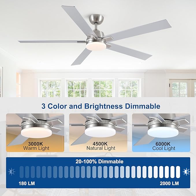 60 Inch Ceiling Fans with Lights and Remote, 6 Speed Reversible DC Motor, 3CCT Dimmable LED, 5 Blades, Brushed Nickel Modern Ceiling Fan for Bedroom, Living Room & Covered Outdoor, Includes Downrod