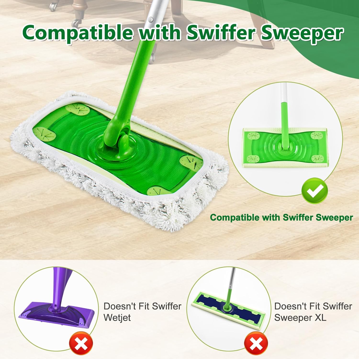 4 Pack Reusable Mop Pads Compatible with Swiffer Sweeper Mop,Wet Pads Refill & Dry Sweeping Cloths,Chenille & Microfiber Refill Pads for Wood Floor Cleaning,Washable Wet Mopping Cloths,Green & Gray