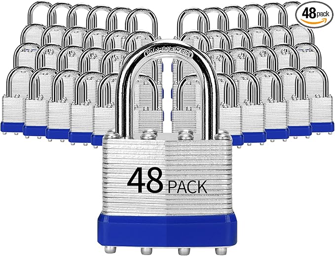 Padlocks Keyed Alike, Pack of 48, Laminated Steel Keyed Lock (1-9/16", 40mm), Padlocks with Same Key, Normal Shackle, for Toolbox, Locker & StorageUnit or More