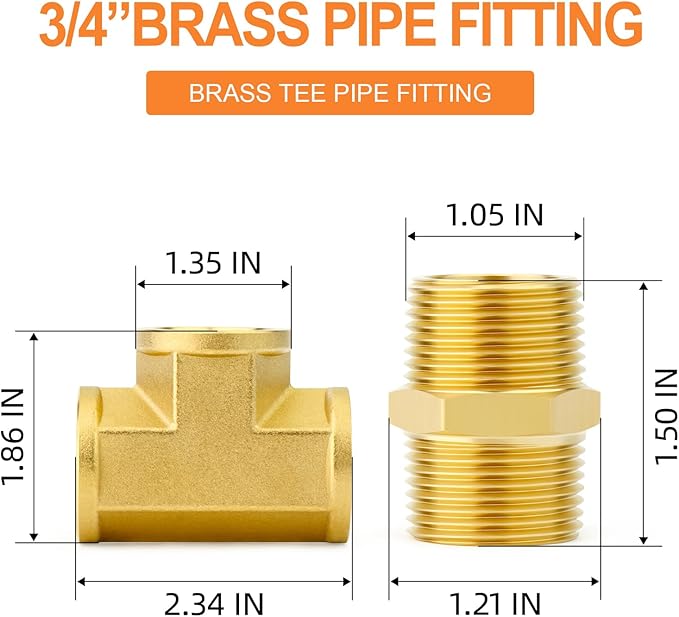 GASHER 1PCS Brass Tee Pipe Fittings, 3/4" NPT Female x 3/4" NPT Female x 3/4" NPT Male Pipe Fittings, Male Run Tee