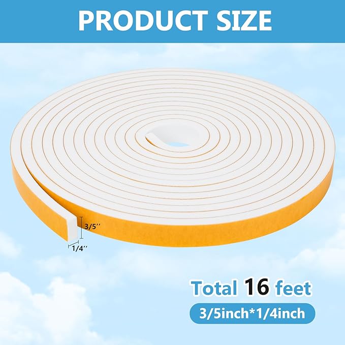 Weather Stripping Door Seal Strip (3/5 Inch X 1/4 Inch X 16Feet), Strong Adhesive, Lightproof, Soundproof, Weatherproof Foam Tape Insulation for Sliding Door, Front Door Frame, Windows- White