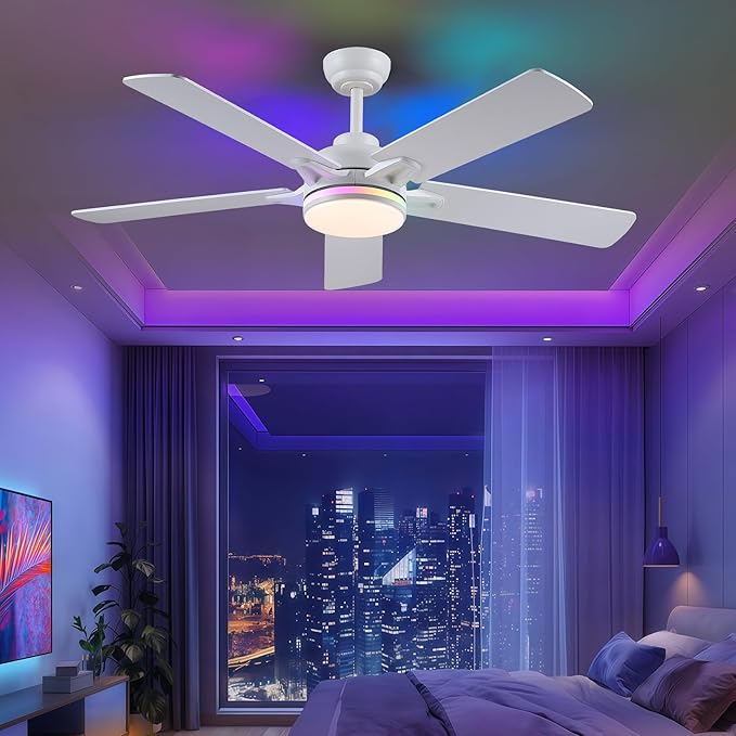 52 Inch Ceiling Fans with Lights and Remote/APP Control, Modern Ceiling Fan with RGB Lights for Bedroom Living Room Patio Porch Outdoor, Reversible Quiet Motor, 5 Wood Blades, White