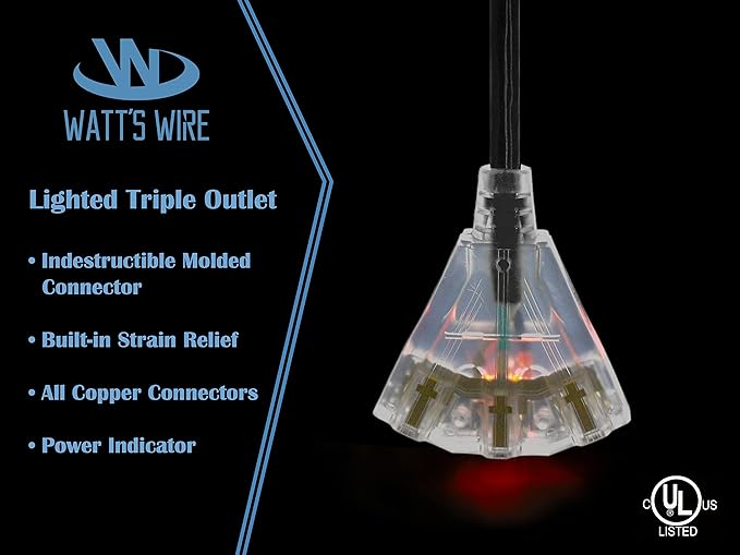 Outdoor Extension Cord Waterproof (10 ft) 12 Gauge Heavy Duty Extension Cord Splitter - Lighted Outdoor Extension Cords with Multiple Outlets - Watts Wire - 10' Grounded - extensiones electricas