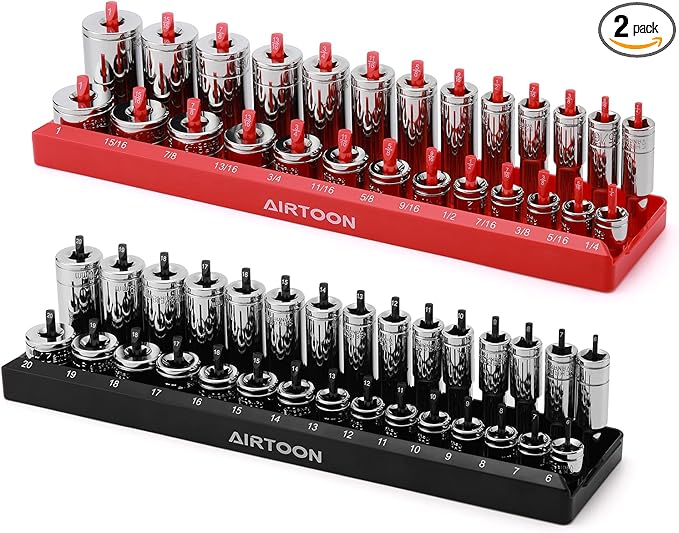 AIRTOON 3/8-Inch Drive Socket Organizer Trays, 2-Piece SAE and Metric Socket Tray Set, Deep and Standard Socket Holders Organizers for Toolbox, Black & Red
