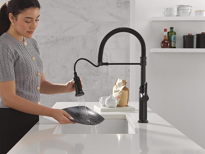 Delta Rhett Pro Style Commercial Kitchen Faucet with Pull Down Sprayer, Single Hole Matte Black Kitchen Sink Faucet, Single Handle, Matte Black 18829-DST