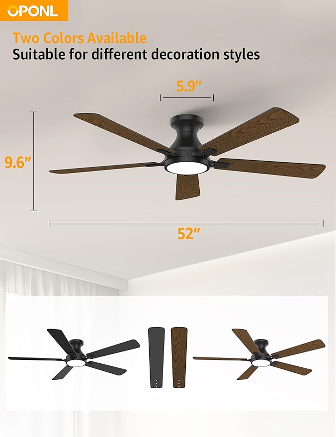 52 Inch Black Ceiling Fan with Light with Remote Control, Large Air Volume, modern ceiling fan with light for Bedroom Kitchen Dining room Patio- Flush Mount
