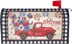 Buffalo Plaid Patriotic Mailbox Covers - American Flag Red Blue Floral Truck Magnetic Standard Size 25.5x21 In Waterproof Post Box Wraps Garden Yard Decor for Outdoor