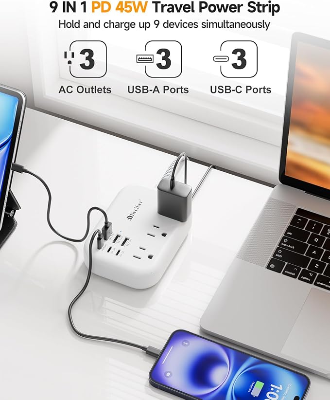 PD45W USB C Travel Power Strip, Cruise Power Strip with 6 USB(3 USB C) Ports and 3 Outlets, 5Ft Flat Plug Braided Extension Cord, 45W Fast Charging Station for MacBook Laptops iPad Pro iPhone Samsung