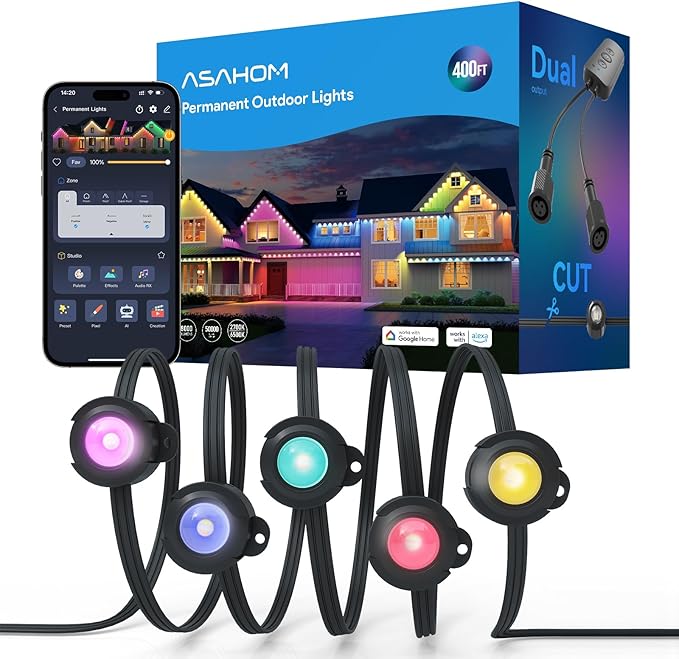 ASAHOM AI Permanent Outdoor Lights S107F, 400FT with 288 RGBCW LED Lights and Dual Output, 30,000 Lighting Effect Combination, IP67 Waterproof for House Christmas New Year and Daily Decoration, Black