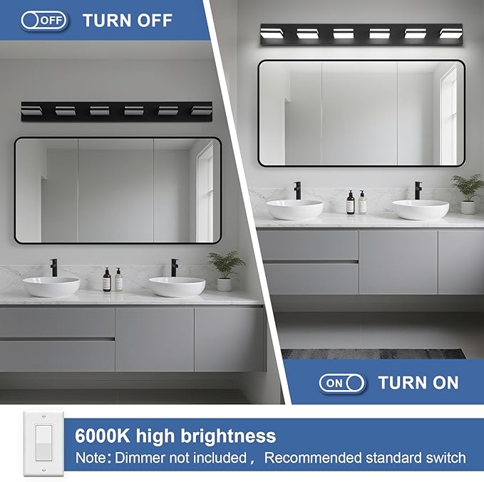 Modern LED Bathroom Lights Fixtures(6-Light),Metal Black Acrylic Wall Lighting,Vanity Lights for Bathroom Over Mirror(6000k 41In