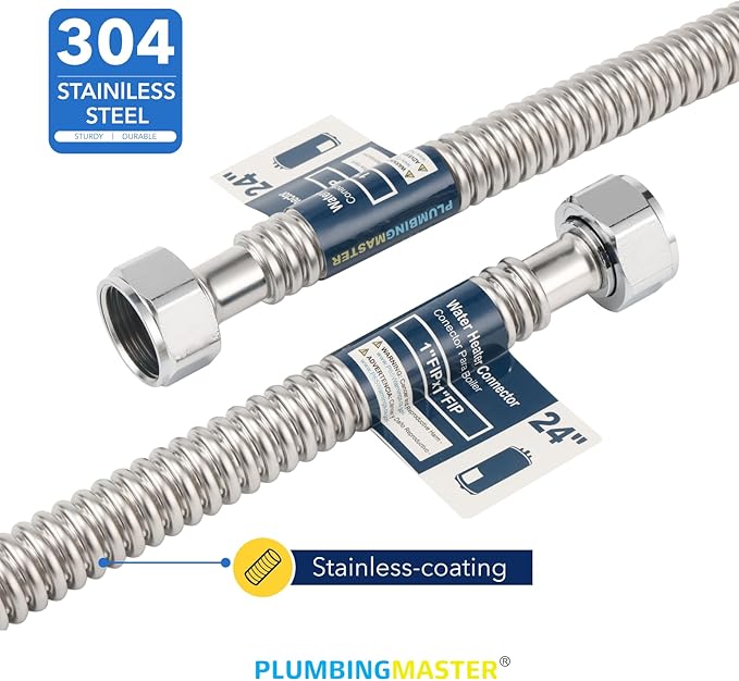 Stainless Steel Corrugated Water Heater Connector, 24-Inch, 3/4" FIP* 3/4" FIP hot and cold Corrugated Water flexible hose, Leak-Proof, 10-Year Warranty, 2-pack