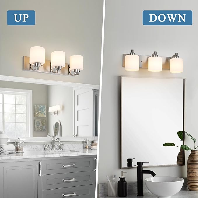 Stainless Steel Milk Glass Bathroom Vanity Light Over Mirror, 3 Light Brushed Nickel Bathroom Light Fixtures with Frosted Glass, Modern Vanity Lighting Wall Mount