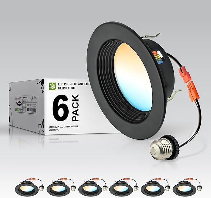 ASD 4 Inch Retrofit LED Recessed Lighting | Metal Trim Black 10W 849LM 120V 2700K-5000K Adjustable Ceiling Downlights | Triac Dimmable Wet Rated Room Can Lights, ETL Energy Star, 6 Pack