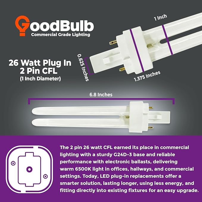 GoodBulb 26 Watt CFL Light Bulbs 2 Pin G24D-3 Base 6500K Full Spectrum 26W High Output 1800 Lumens Double Tube Compact Fluorescent Light Bulbs Plug-in 10 Pack