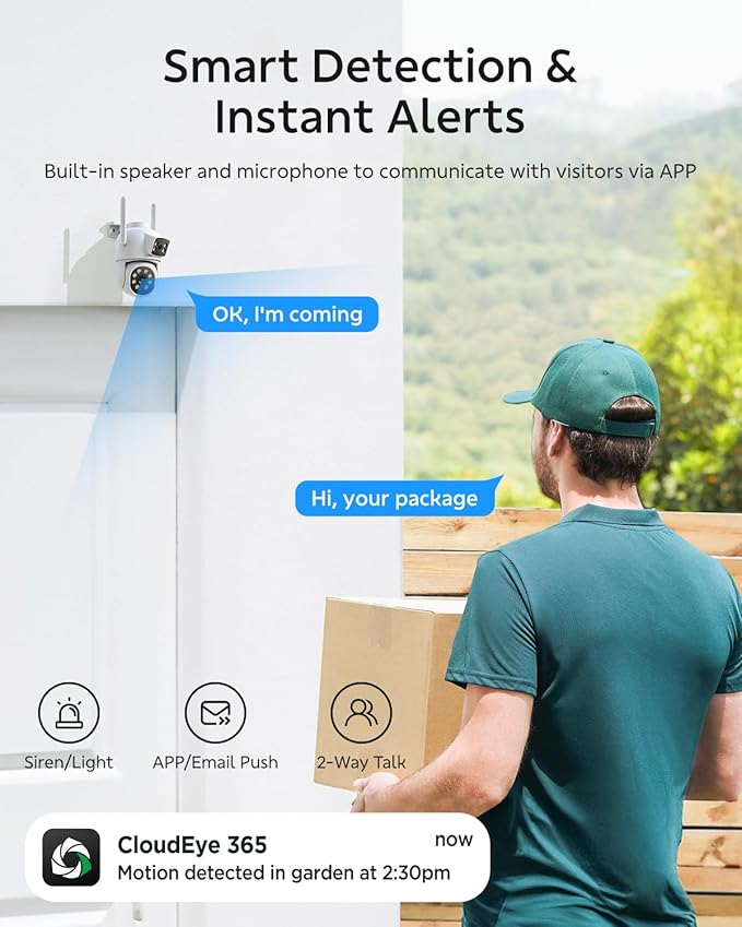 Dual Lens Security Cameras Wireless Outdoor, 2K Full HD Video, 360° View Pan/Tilt Home Security Camera with Color Night Vision, PIR Alarm, 2.4G/5G WiFi, Auto Tracking, 2-Way Audio, Easy to Install