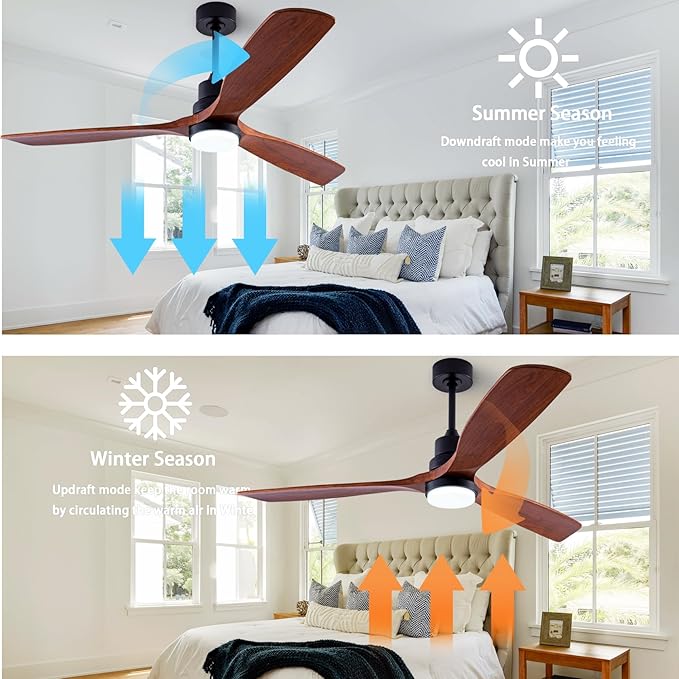 48" Wood Ceiling Fan with Light and Remote Control, Indoor Outdoor Wooden 3 Blades Ceiling Fan for Patio Living Room, Bedroom, Office,Reversible DC Motor(Black+Dark Walnut)