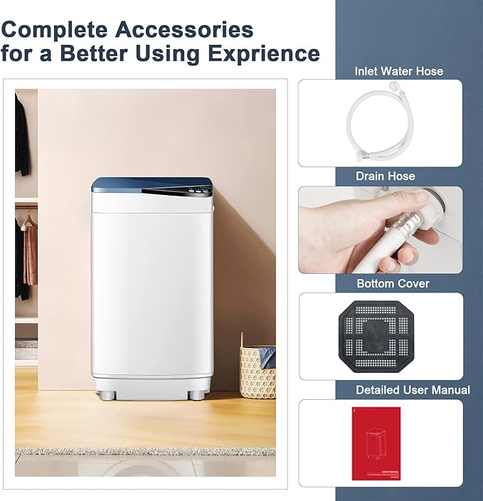 COSTWAY Portable Washing Machine, 7.7lbs Capacity Compact Laundry Washer and Spin Combo with 6 Programs, Built-in Barrel Light, Full-Automatic Washing Machine for Apartments Camping RVs Dorm, Blue