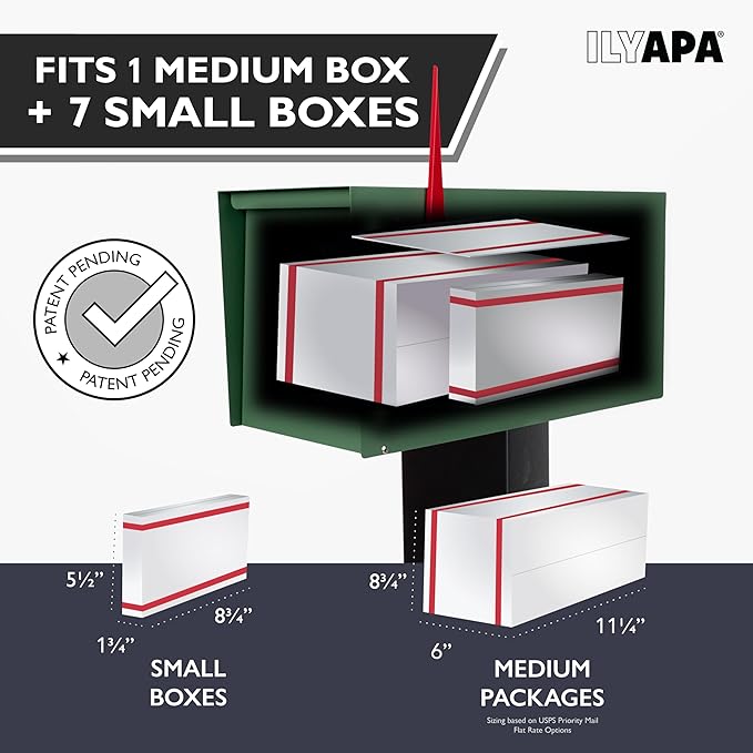 Ilyapa Modern Mailbox for Outside Post Mount - Green Powder Coated Metal Mailbox, Waterproof Letter Box for Parcels, with Recessed Magnetic Close Door