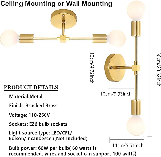 Brushed Brass Wall Sconce 2 Lights Bathroom Vanity Modern Industrial Wall Lamp Wall Mount Lighting Fixture（Gold Color）