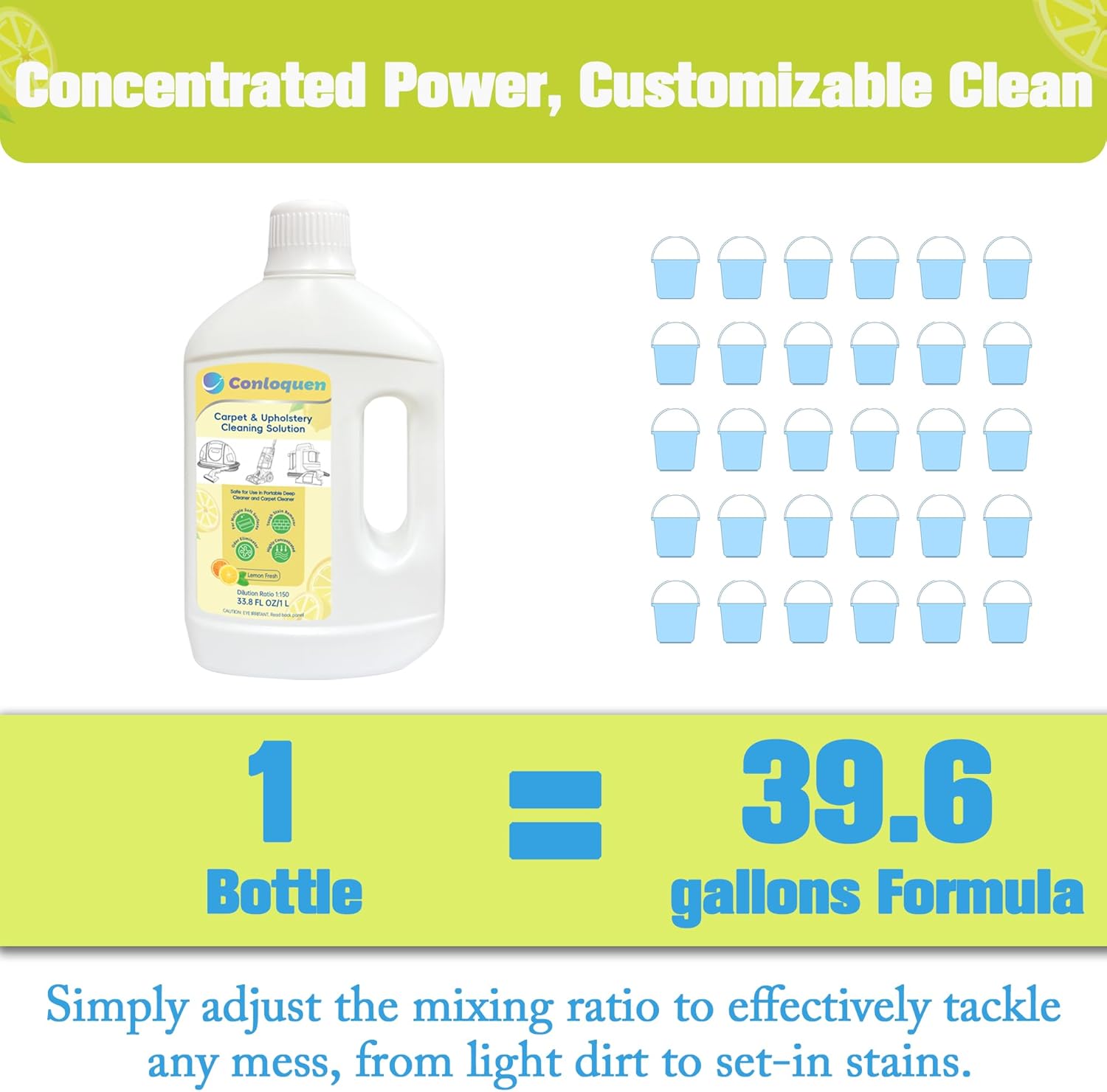 150X Concentrate Carpet Cleaner Solution for Portable Carpet Deep Cleaner and Upright Carpet Cleaner Machine, 33.8 Fl.oz Makes 39.6 Gal Formula, Carpet Stain Remover Lemon Scent
