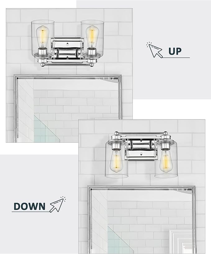 Bathroom Light Fixtures, HWH 2-Light Vanity Wall Sconce Lamp, Modern Chrome Vanity Light with Clear Glass Shade, 5HLT63B-2W CH