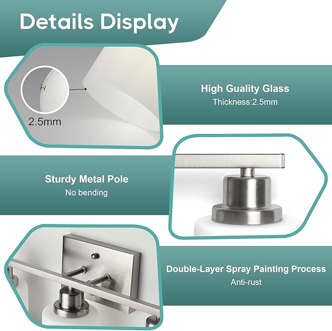 Ascher Bathroom Light Fixtures, 3-Light Vanity Light Over Mirror, Brushed Nickel Wall Sconces with Milky White Frosted Glass Shades, Wall Lamp for Living Room Bedroom, E26 Base(Bulbs Not Included)