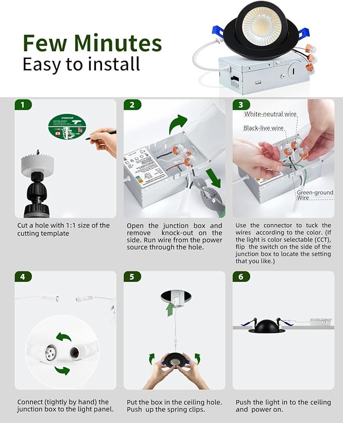 zouzai 3 Inch 5CCT Gimbal Black Led Recessed Lighting with Junction Box, 2700K/3000K/3500K/4000K/5000K, 7W Eqv 80W, 360°+90° Adjustable Led Recessed Lights, 798LM Brightness - ETL (Black, 6 Pack)