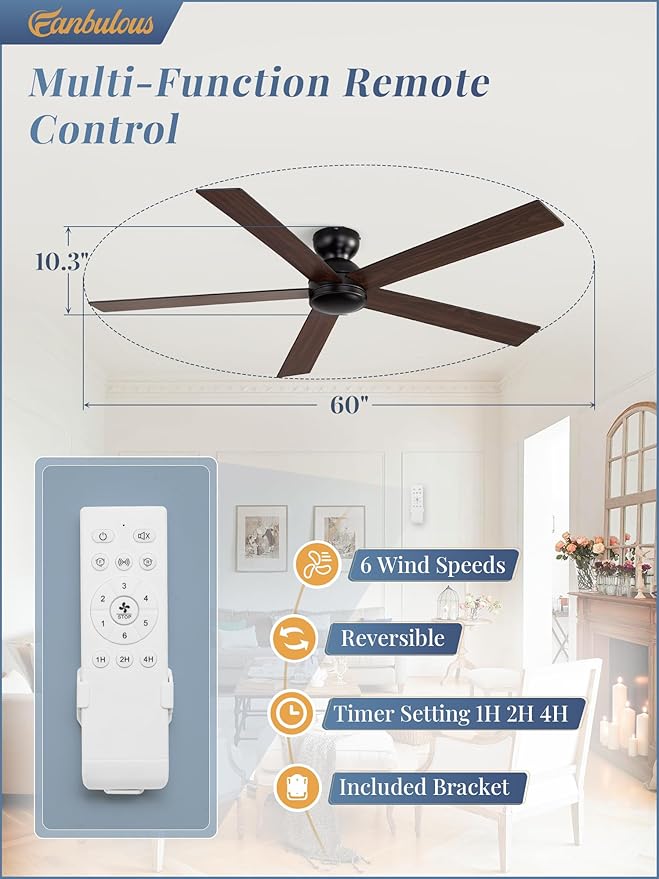 60 Inch Flush Mount Ceiling Fan no Lights, Black Ceiling Fan, 6-Speeds, Quiet Reversible DC Motor, Indoor/Outdoor Large Ceiling Fans without Lights for Living Room, Bedroom,Patio