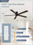 60 Inch Flush Mount Ceiling Fan no Lights, Black Ceiling Fan, 6-Speeds, Quiet Reversible DC Motor, Indoor/Outdoor Large Ceiling Fans without Lights for Living Room, Bedroom,Patio