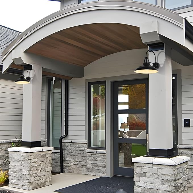 Outdoor Barn Light Fixture, 12.3 Inch Large Dome Farmhouse Exterior Wall Mount Light, Gooseneck Wall Sconce Indoor Wall Lighting Fixture, Industrial Black White Finish Lantern for Porch, RZ004 BK+WH